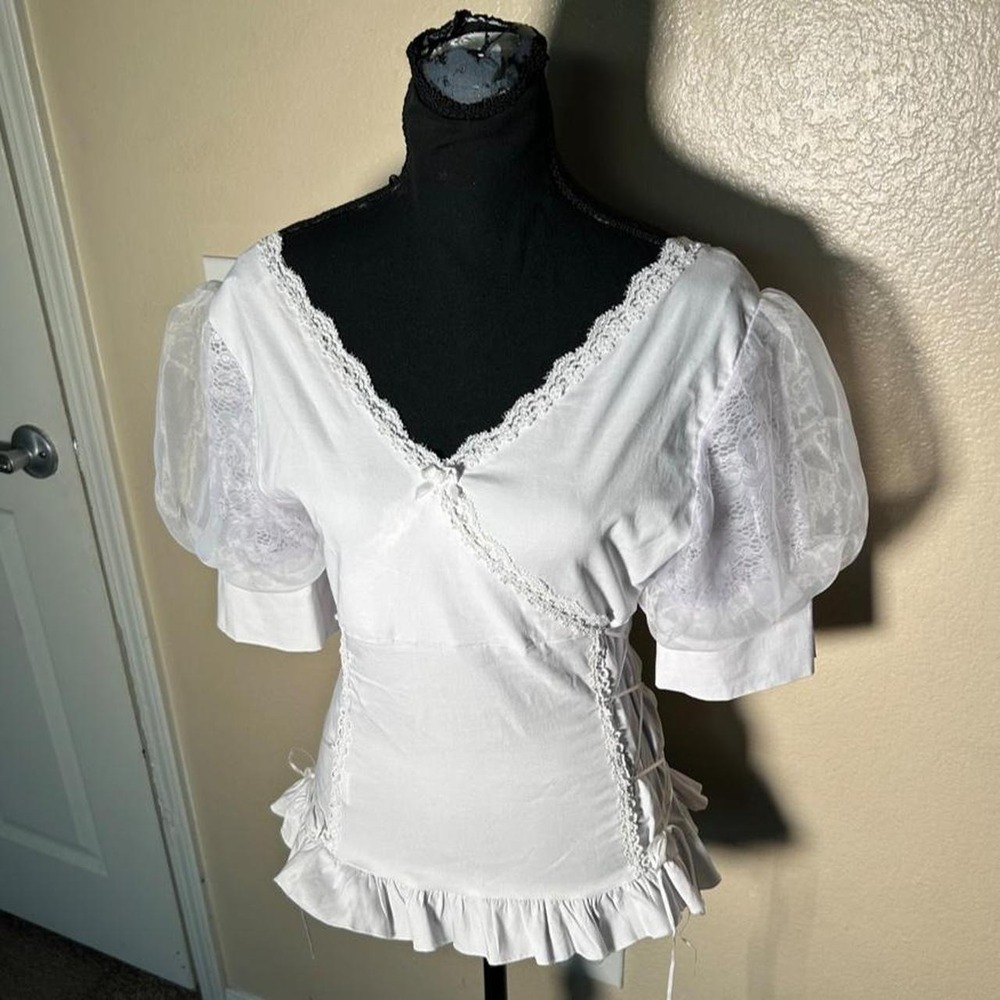 White Corset Top S Lace Trim Puff Sleeve Renaissance Coquette Y2K Fairycore